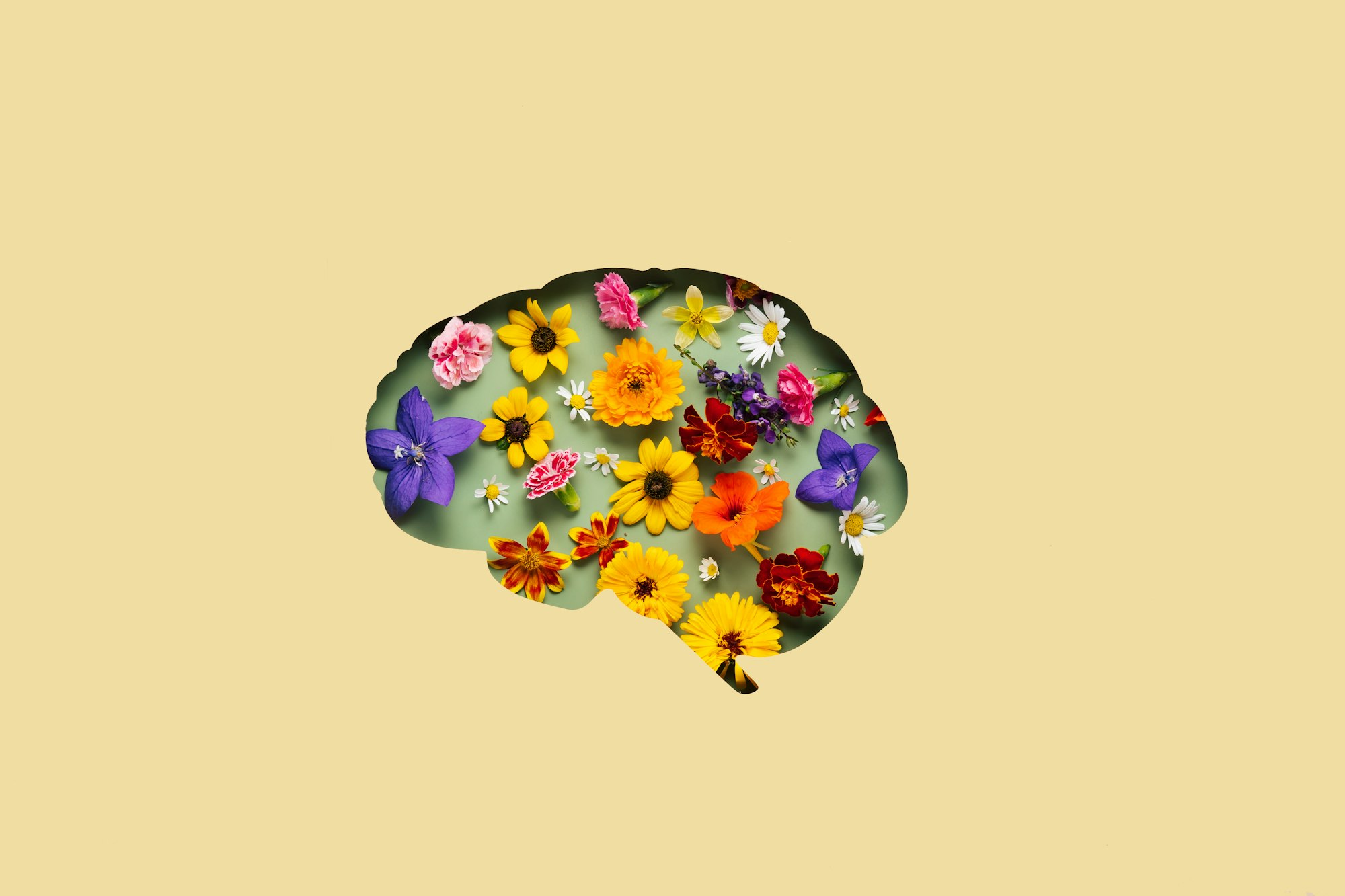 Paper cut brain symbol and flowers on yellow background